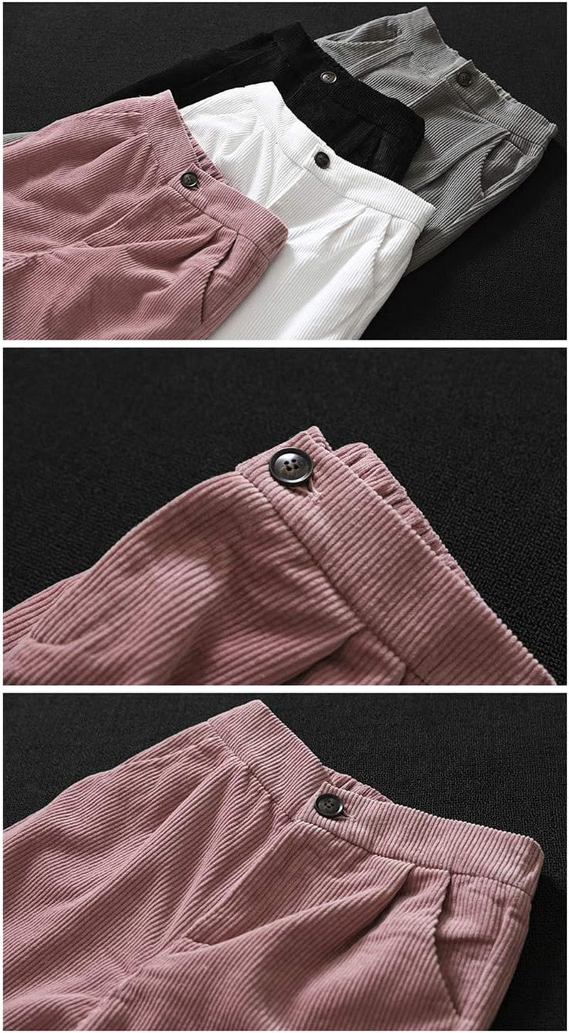 Women'S Cropped Corduroy Pants Elastic Waist Retro Trouser with Pockets