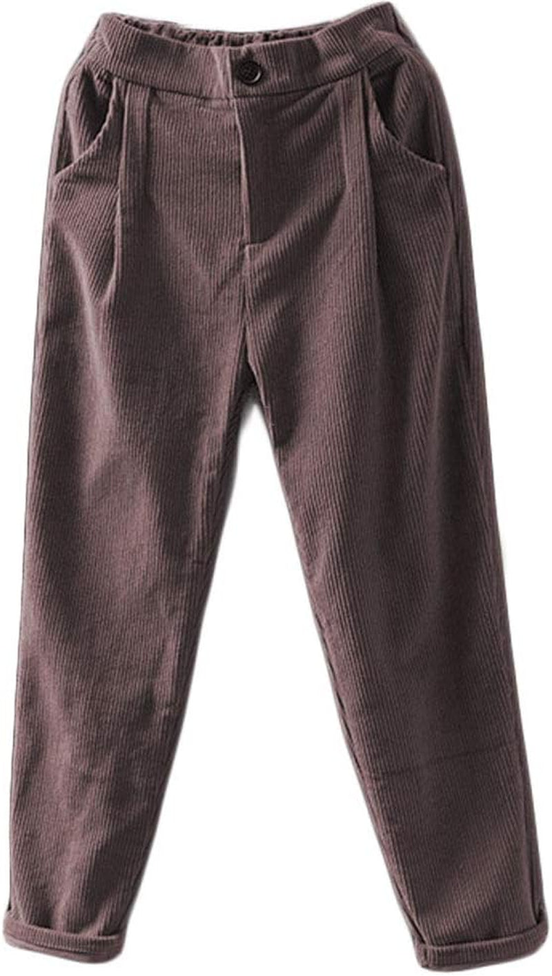 Women'S Cropped Corduroy Pants Elastic Waist Retro Trouser with Pockets