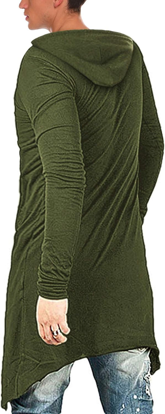 Men'S Slim Fit Hoodie Lightweight Hooded Sweatshirt Casual Hip Hop Long Length Cloak Hooded Cape Pullover Army Green