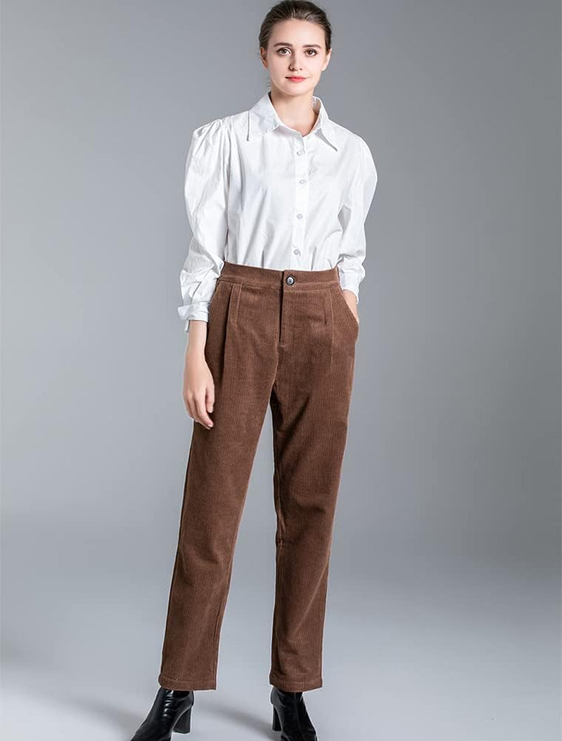 Women'S Cropped Corduroy Pants Elastic Waist Retro Trouser with Pockets