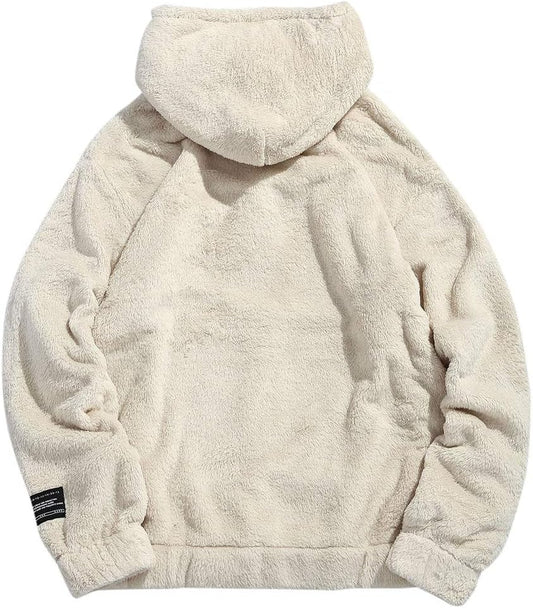 Men'S Solid Fluffy Sherpa Hoodie Oversized Hooded Pullover Winter Fuzzy Sweatshirt Outwear with Kangaroo Pocket