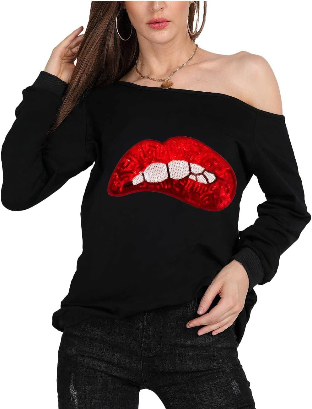 Woman’S Sweatershirt Lips Print Causal Blouse off the Shoulder Long Sleeve Loose Slouchy Pullover plus Size Tops