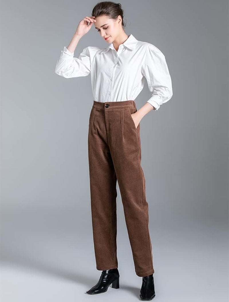 Women'S Cropped Corduroy Pants Elastic Waist Retro Trouser with Pockets