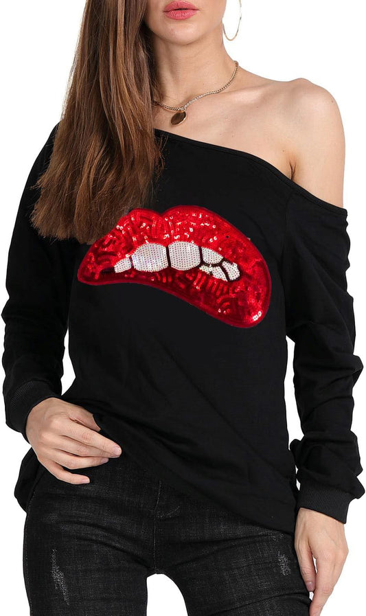 Woman’S Sweatershirt Lips Print Causal Blouse off the Shoulder Long Sleeve Loose Slouchy Pullover plus Size Tops