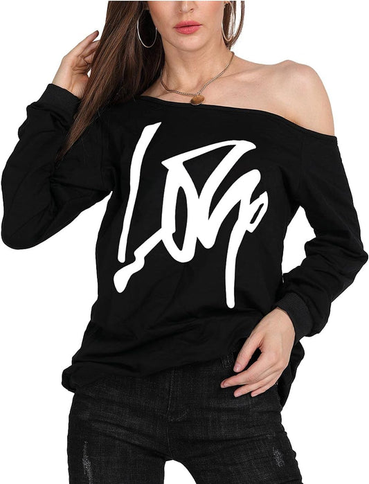 Woman’S Sweatershirt Lips Print Causal Blouse off the Shoulder Long Sleeve Loose Slouchy Pullover plus Size Tops