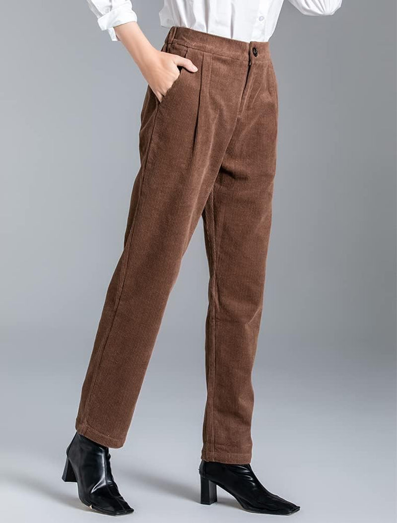 Women'S Cropped Corduroy Pants Elastic Waist Retro Trouser with Pockets