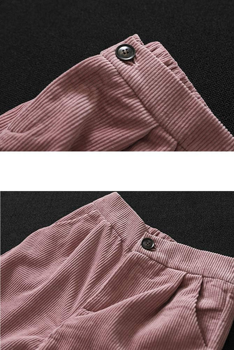 Women'S Cropped Corduroy Pants Elastic Waist Retro Trouser with Pockets