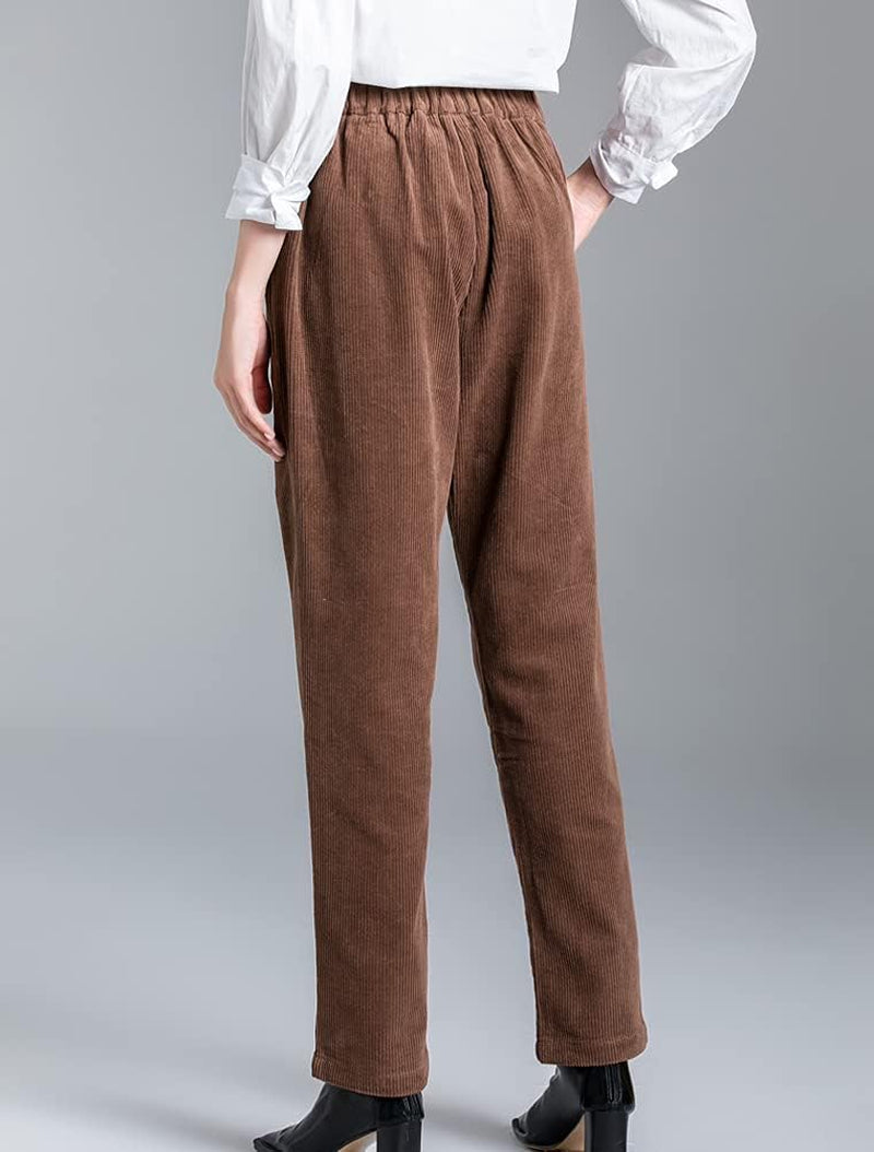 Women'S Cropped Corduroy Pants Elastic Waist Retro Trouser with Pockets