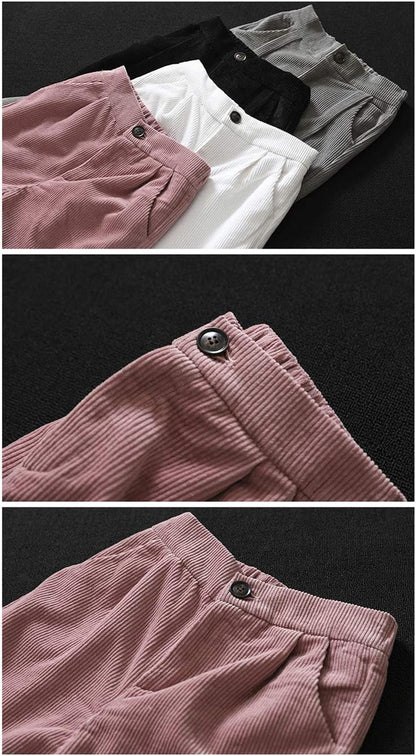 Women'S Cropped Corduroy Pants Elastic Waist Retro Trouser with Pockets