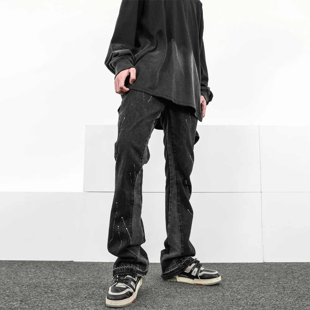 Men Street Wear Flare Pants Black Graffiti Wide Leg Jeans Hip Hop Splashed Patchwork Slim Fit Cargo Flared Denim Pants for Men