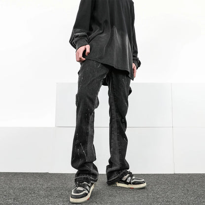 Men Street Wear Flare Pants Black Graffiti Wide Leg Jeans Hip Hop Splashed Patchwork Slim Fit Cargo Flared Denim Pants for Men