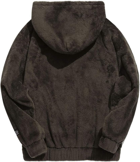 Men'S Solid Fluffy Sherpa Hoodie Oversized Hooded Pullover Winter Fuzzy Sweatshirt Outwear with Kangaroo Pocket