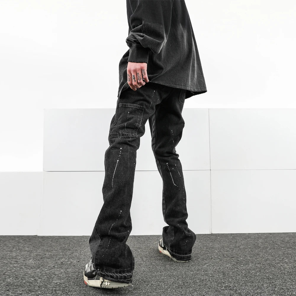 Men Street Wear Flare Pants Black Graffiti Wide Leg Jeans Hip Hop Splashed Patchwork Slim Fit Cargo Flared Denim Pants for Men