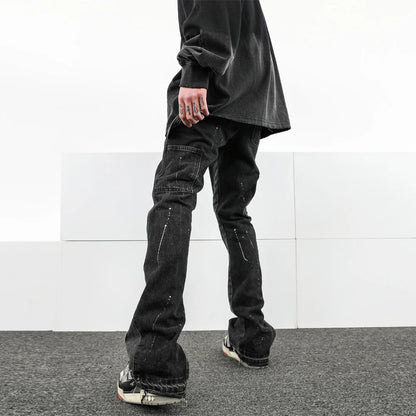 Men Street Wear Flare Pants Black Graffiti Wide Leg Jeans Hip Hop Splashed Patchwork Slim Fit Cargo Flared Denim Pants for Men