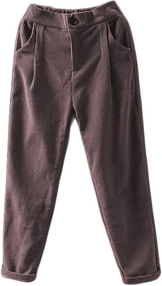 Women'S Cropped Corduroy Pants Elastic Waist Retro Trouser with Pockets