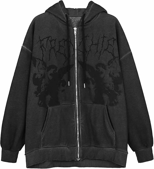 Women Y2K Hoodie Jacket Long Sleeve Graphic Zip up Hoodie 90S Vintage Hooded Sweatshirt Tops E-Girls Streetwear (A-Black+Angels, X-Large)
