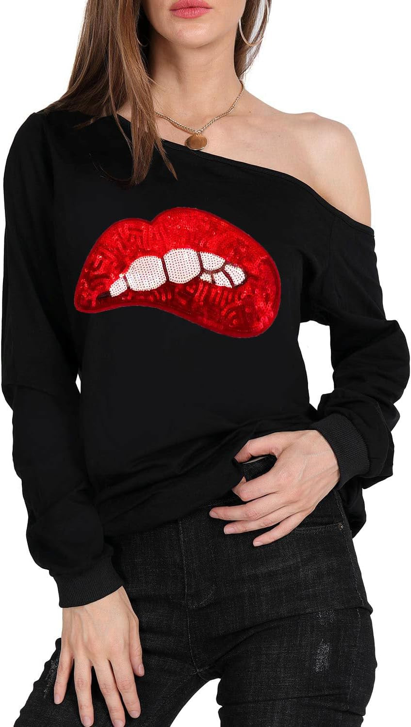 Woman’S Sweatershirt Lips Print Causal Blouse off the Shoulder Long Sleeve Loose Slouchy Pullover plus Size Tops