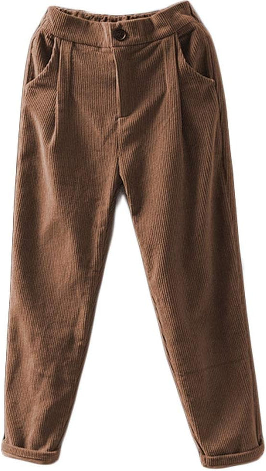 Women'S Cropped Corduroy Pants Elastic Waist Retro Trouser with Pockets