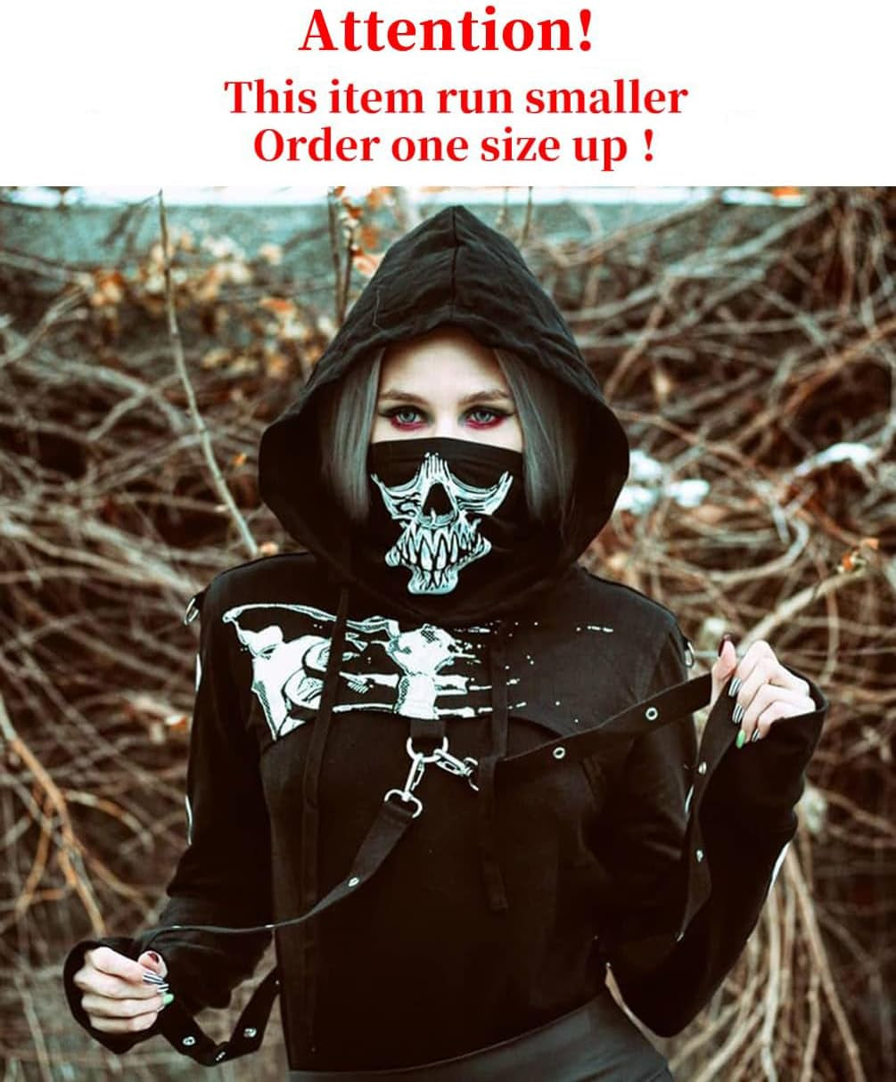 Women Gothic Punk Hoodies Bandage Crop Tops Long Sleeve Pullover Sweatshirt for Rave Festivals Streetwear