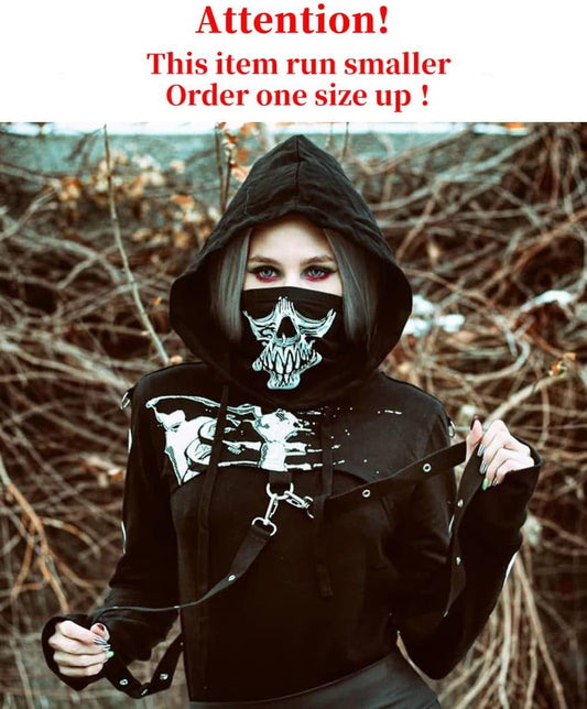 Women Gothic Punk Hoodies Bandage Crop Tops Long Sleeve Pullover Sweatshirt for Rave Festivals Streetwear