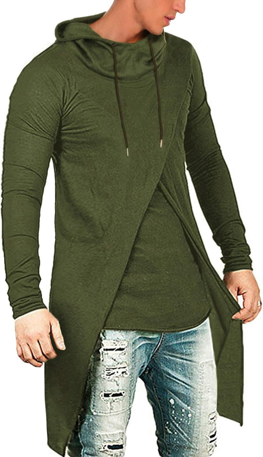 Men'S Slim Fit Hoodie Lightweight Hooded Sweatshirt Casual Hip Hop Long Length Cloak Hooded Cape Pullover Army Green