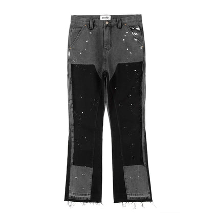 Men Street Wear Flare Pants Black Graffiti Wide Leg Jeans Hip Hop Splashed Patchwork Slim Fit Cargo Flared Denim Pants for Men