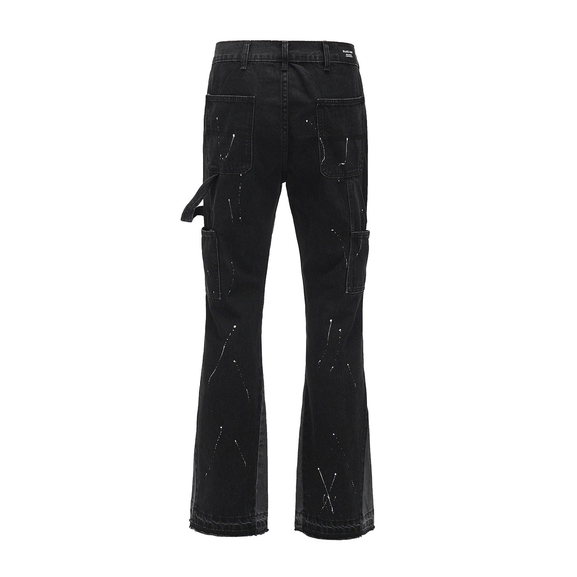 Men Street Wear Flare Pants Black Graffiti Wide Leg Jeans Hip Hop Splashed Patchwork Slim Fit Cargo Flared Denim Pants for Men