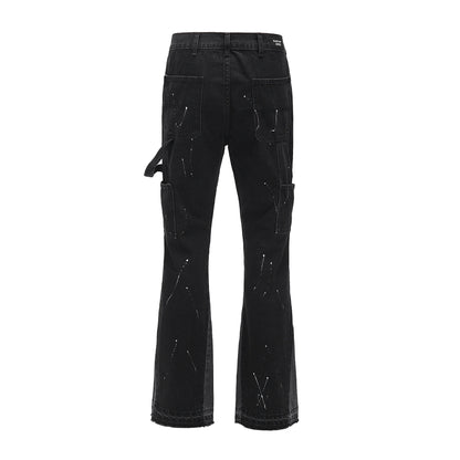 Men Street Wear Flare Pants Black Graffiti Wide Leg Jeans Hip Hop Splashed Patchwork Slim Fit Cargo Flared Denim Pants for Men