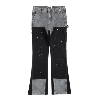 Men Street Wear Flare Pants Black Graffiti Wide Leg Jeans Hip Hop Splashed Patchwork Slim Fit Cargo Flared Denim Pants for Men