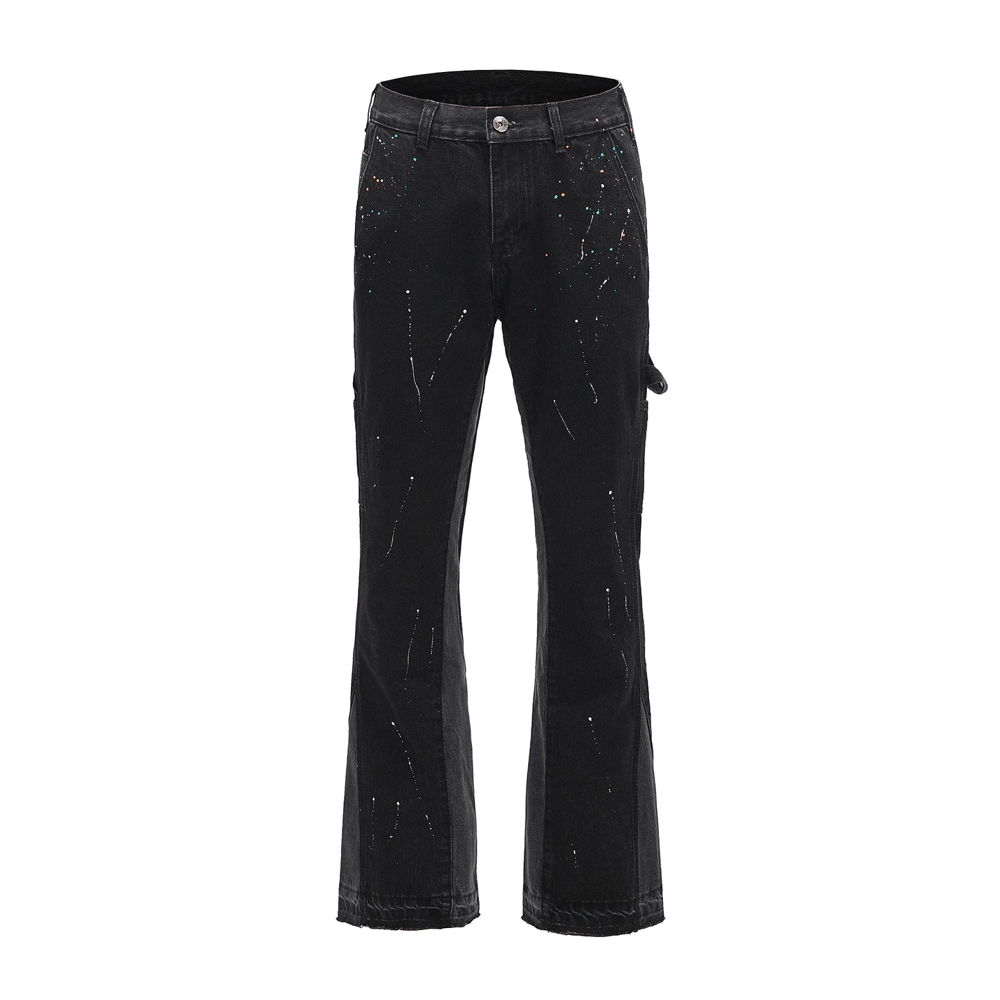 Men Street Wear Flare Pants Black Graffiti Wide Leg Jeans Hip Hop Splashed Patchwork Slim Fit Cargo Flared Denim Pants for Men