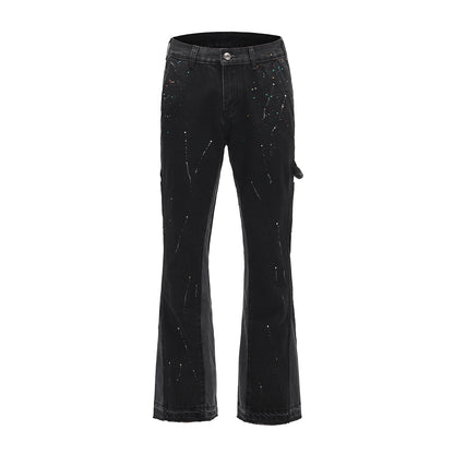 Men Street Wear Flare Pants Black Graffiti Wide Leg Jeans Hip Hop Splashed Patchwork Slim Fit Cargo Flared Denim Pants for Men