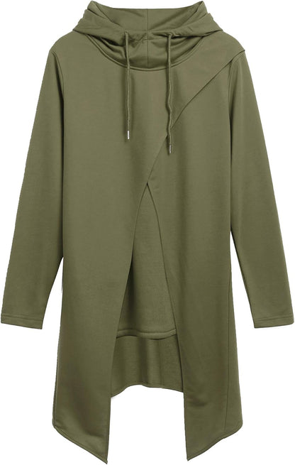 Men'S Slim Fit Hoodie Lightweight Hooded Sweatshirt Casual Hip Hop Long Length Cloak Hooded Cape Pullover Army Green