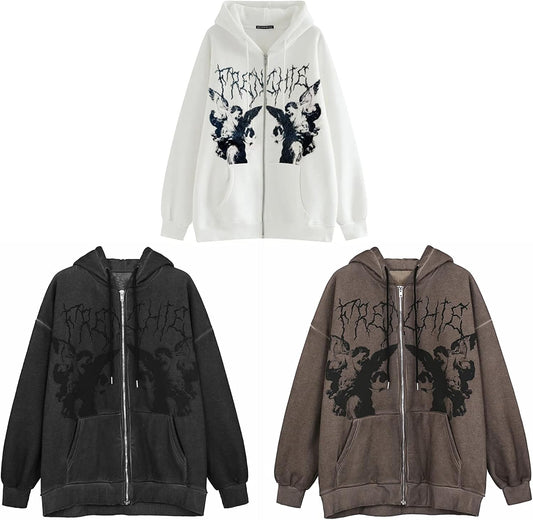 Women Y2K Hoodie Jacket Long Sleeve Graphic Zip up Hoodie 90S Vintage Hooded Sweatshirt Tops E-Girls Streetwear (A-Black+Angels, X-Large)
