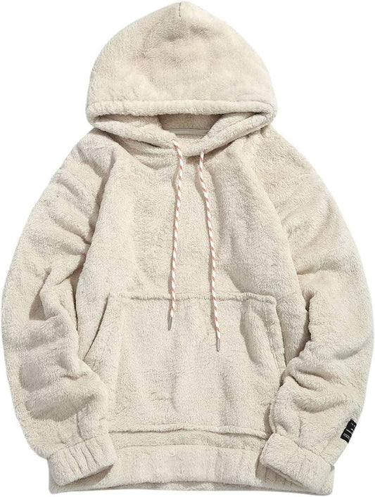 Men'S Solid Fluffy Sherpa Hoodie Oversized Hooded Pullover Winter Fuzzy Sweatshirt Outwear with Kangaroo Pocket
