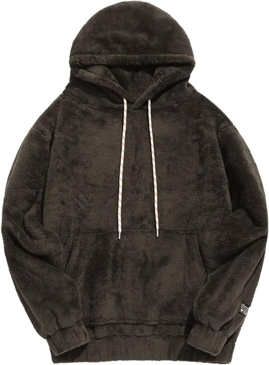 Men'S Solid Fluffy Sherpa Hoodie Oversized Hooded Pullover Winter Fuzzy Sweatshirt Outwear with Kangaroo Pocket