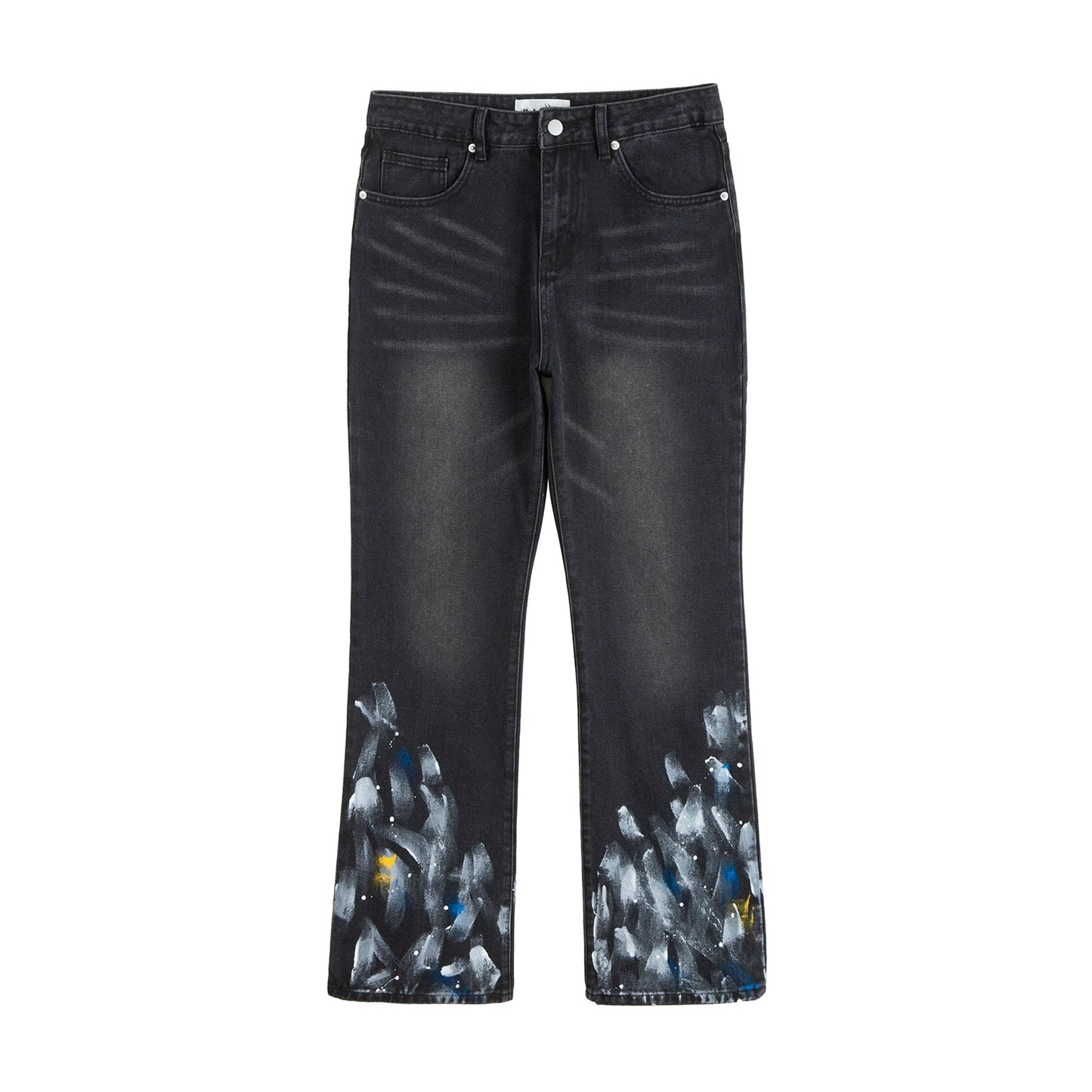 Men Street Wear Flare Pants Black Graffiti Wide Leg Jeans Hip Hop Splashed Patchwork Slim Fit Cargo Flared Denim Pants for Men