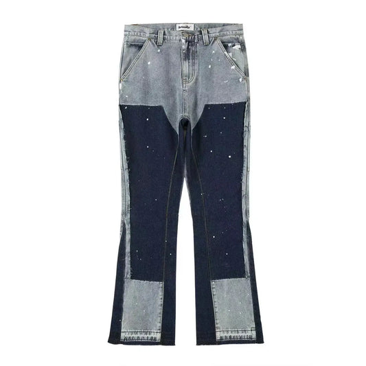 Men Street Wear Flare Pants Black Graffiti Wide Leg Jeans Hip Hop Splashed Patchwork Slim Fit Cargo Flared Denim Pants for Men