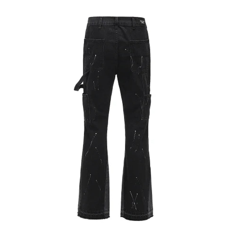 Men Street Wear Flare Pants Black Graffiti Wide Leg Jeans Hip Hop Splashed Patchwork Slim Fit Cargo Flared Denim Pants for Men