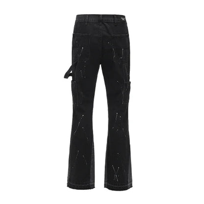 Men Street Wear Flare Pants Black Graffiti Wide Leg Jeans Hip Hop Splashed Patchwork Slim Fit Cargo Flared Denim Pants for Men